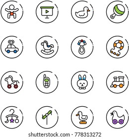line vector icon set - baby vector, presentation board, duck toy, beanbag, car, rocking horse, teethers, wheel, phone, rabbit, train, carousel, windmill