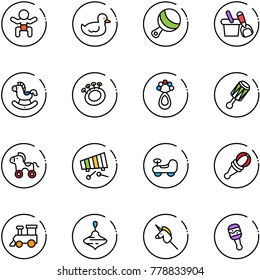 line vector icon set - baby vector, duck toy, beanbag, shovel bucket, rocking horse, wheel, xylophone, car, train, wirligig, unicorn stick