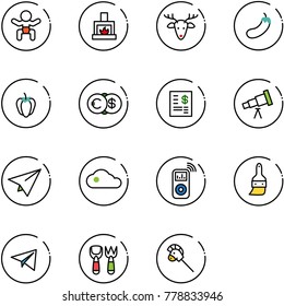line vector icon set - baby vector, fireplace, christmas deer, eggplant, sweet pepper, euro dollar, account statement, telescope, paper plane, cloud, music player, brush, shovel fork toy