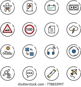 line vector icon set - baby vector, first aid room, schedule, dollar, car crash road sign, speed limit 100, document, storm, reading, data exchange, wireless headphones, cd, satellite, chat, level