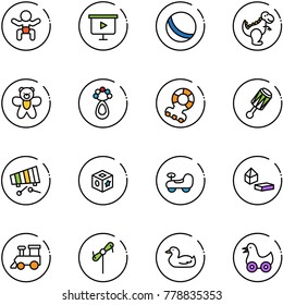 line vector icon set - baby vector, presentation board, ball, dinosaur toy, bear, beanbag, teethers, xylophone, cube, car, constructor blocks, train, windmill, duck