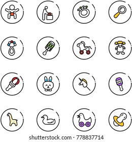line vector icon set - baby vector, room, beanbag, wheel horse, doll, toy rabbit, unicorn stick, giraffe, duck, soother
