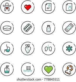 line vector icon set - baby vector, heart, patient card, diet list, pill, pills blister, bottle, medical patch, stomach, lungs, ambulance star, liquid soap, pool, teethers