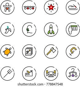 line vector icon set - baby vector, garland, christmas star, snowmobile, banana, pound, rocket, presentation, sea turtle, photo, axe, clamp, farm fork, stapler, sharpening, carousel