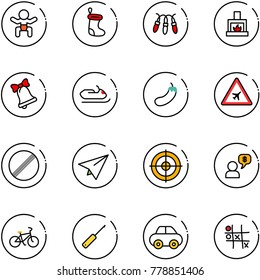 line vector icon set - baby vector, christmas sock, garland, fireplace, bell, snowmobile, eggplant, airport road sign, no limit, paper plane, target, money dialog, bike, awl, car, Tic tac toe