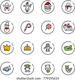 line vector icon set - baby vector, santa claus, snowman, lollipop, sleigh, crown, robot, crocodile, horn toy, doll, bear, caterpillar