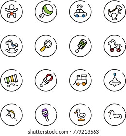 line vector icon set - baby vector, beanbag, car toy, dinosaur, rocking horse, wheel, xylophone, train, wirligig, unicorn stick, duck