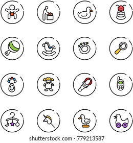 line vector icon set - baby vector, room, duck toy, pyramid, beanbag, rocking horse, doll, phone, carousel, unicorn stick