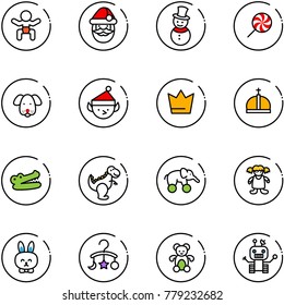 line vector icon set - baby vector, santa claus, snowman, lollipop, dog, christmas elf, crown, crocodile, dinosaur toy, elephant wheel, doll, rabbit, carousel, bear, robot