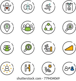line vector icon set - baby vector, kidneys, run, pull ups, dollar pin, group, social, head hunter, search money, career, stairs, star man, agreement, beach, information exchange