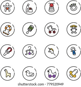 line vector icon set - baby vector, room, pyramid toy, beanbag, teethers, wheel horse, doll, carousel, unicorn stick, giraffe, duck, soother
