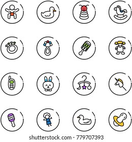 line vector icon set - baby vector, duck toy, pyramid, rocking horse, beanbag, doll, phone, rabbit, carousel, unicorn stick, soother
