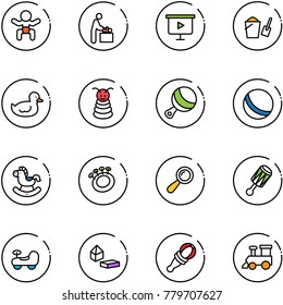 line vector icon set - baby vector, room, presentation board, bucket scoop, duck toy, pyramid, beanbag, ball, rocking horse, car, constructor blocks, train
