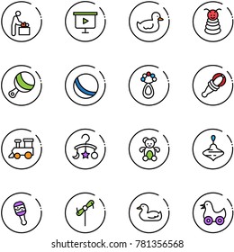 line vector icon set - baby room vector, presentation board, duck toy, pyramid, beanbag, ball, train, carousel, bear, wirligig, windmill