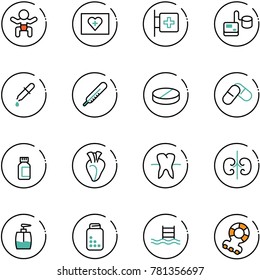 line vector icon set - baby vector, first aid kit, room, tonometer, pipette, thermometer, pill, pills, bottle, heart, tooth, kidneys, liquid soap, pool, teethers