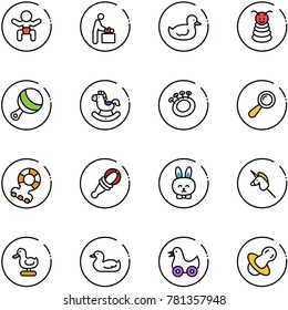 line vector icon set - baby vector, room, duck toy, pyramid, beanbag, rocking horse, teethers, rabbit, unicorn stick, soother
