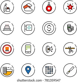 line vector icon set - baby room vector, clouds, christmas ball, star, cake, first aid, dollar coin, no dangerous cargo road sign, mobile, solution, opening, hotel, navigation pin, circuit, rasp