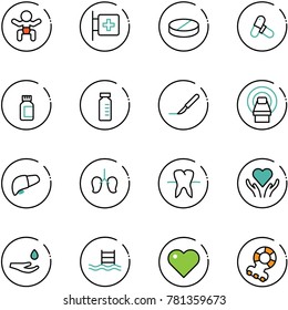 line vector icon set - baby vector, first aid room, pill, pills, bottle, vial, scalpel, mri, liver, lungs, tooth, heart care, drop hand, pool, teethers