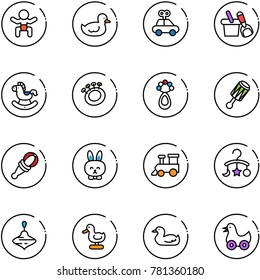 line vector icon set - baby vector, duck toy, car, shovel bucket, rocking horse, beanbag, rabbit, train, carousel, wirligig