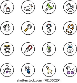 line vector icon set - baby room vector, duck toy, beanbag, rocking horse, teethers, doll, phone, rabbit, carousel, giraffe