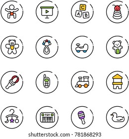 line vector icon set - baby vector, presentation board, abc cube, pyramid toy, bear, beanbag, car, phone, train, block house, carousel, piano, duck