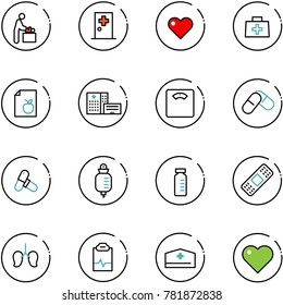 line vector icon set - baby room vector, first aid, heart, doctor bag, diet list, hospital building, floor scales, pills, drop counter, vial, medical patch, lungs, pulse clipboard, hat