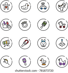 line vector icon set - baby vector, duck toy, car, dinosaur, shovel bucket, beanbag, wheel horse, xylophone, rabbit, wirligig, unicorn stick