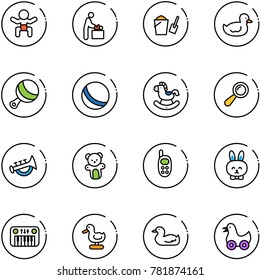 line vector icon set - baby vector, room, bucket scoop, duck toy, beanbag, ball, rocking horse, horn, bear, phone, rabbit, piano