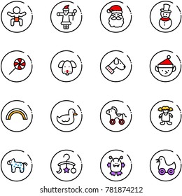 line vector icon set - baby vector, santa claus, snowman, lollipop, dog, christmas elf, rainbow, duck toy, wheel horse, doll, carousel, monster