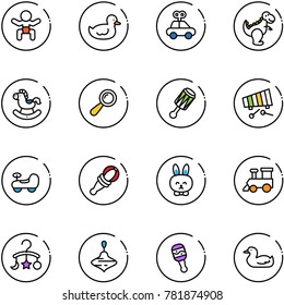 line vector icon set - baby vector, duck toy, car, dinosaur, rocking horse, beanbag, xylophone, rabbit, train, carousel, wirligig