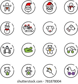 line vector icon set - baby vector, santa claus, snowman, sleigh, dog, robot, crocodile, bear toy, elephant wheel, unicorn stick, duck