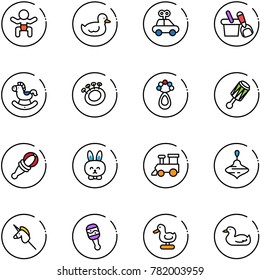 line vector icon set - baby vector, duck toy, car, shovel bucket, rocking horse, beanbag, rabbit, train, wirligig, unicorn stick