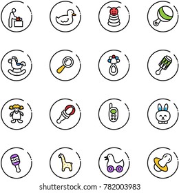 line vector icon set - baby room vector, duck toy, pyramid, beanbag, rocking horse, doll, phone, rabbit, giraffe, soother