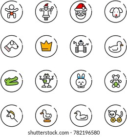 line vector icon set - baby vector, santa claus, dog, crown, robot, duck toy, crocodile, rabbit, bear, unicorn stick, cat