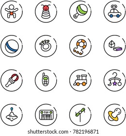 line vector icon set - baby vector, pyramid toy, beanbag, car, ball, teethers, constructor blocks, phone, train, carousel, wirligig, piano, windmill, soother