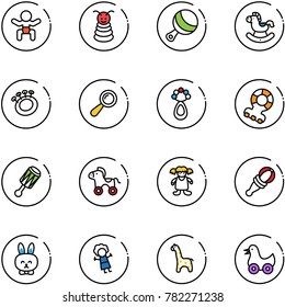 line vector icon set - baby vector, pyramid toy, beanbag, rocking horse, teethers, wheel, doll, rabbit, giraffe, duck