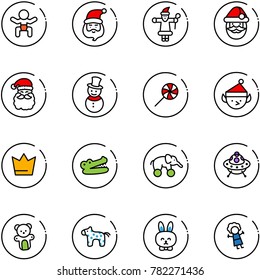 line vector icon set - baby vector, santa claus, snowman, lollipop, christmas elf, crown, crocodile, elephant wheel, ufo toy, bear, horse, rabbit, doll
