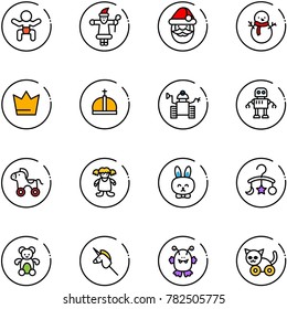 line vector icon set - baby vector, santa claus, snowman, crown, robot, wheel horse, doll, toy rabbit, carousel, bear, unicorn stick, monster, cat