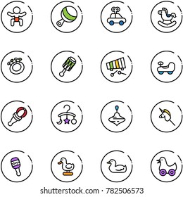 line vector icon set - baby vector, beanbag, car toy, rocking horse, xylophone, carousel, wirligig, unicorn stick, duck