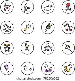 line vector icon set - baby vector, room, duck toy, pyramid, rocking horse, beanbag, wheel, doll, phone, carousel, unicorn stick, soother