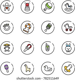 line vector icon set - baby vector, pyramid toy, beanbag, rocking horse, teethers, wheel, doll, phone, rabbit, giraffe, duck, soother