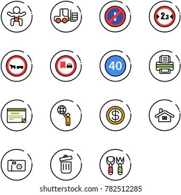 line vector icon set - baby vector, fork loader, no parkin odd, limited width road sign, cart horse, truck overtake, minimal speed limit, printer, schedule, world, dollar, home, photo, trash bin