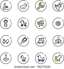 line vector icon set - baby room vector, duck toy, beanbag, dinosaur, wheel horse, xylophone, cube, car, train, carousel, wirligig, soother