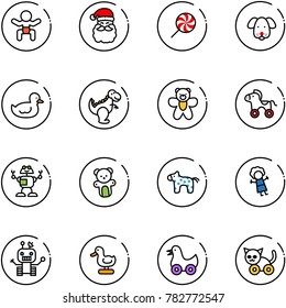 line vector icon set - baby vector, santa claus, lollipop, dog, duck toy, dinosaur, bear, wheel horse, robot, doll, cat