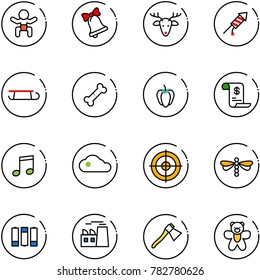 line vector icon set - baby vector, bell, christmas deer, firework rocket, sleigh, broken bone, sweet pepper, account history, music, cloud, target, dragonfly, battery, plant, axe, bear toy