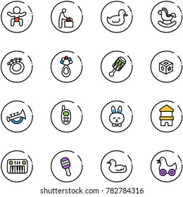 line vector icon set - baby vector, room, duck toy, rocking horse, beanbag, cube, horn, phone, rabbit, block house, piano