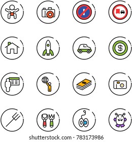 line vector icon set - baby vector, camera, no parkin odd, truck overtake road sign, home, rocket, car, dollar, presentation, world, photo, farm fork, shovel toy, yoyo, monster