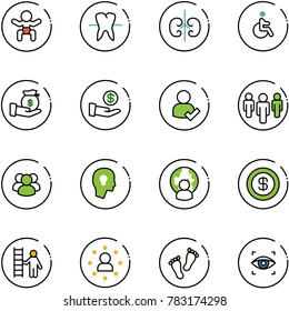 line vector icon set - baby vector, tooth, kidneys, disabled, investment, user check, group, head bulb, man globe, dollar, opportunity, star, feet, eye scanner