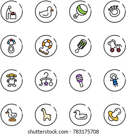 line vector icon set - baby room vector, duck toy, beanbag, teethers, wheel horse, doll, carousel, giraffe, soother