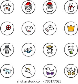 line vector icon set - baby vector, santa claus, snowman, lollipop, dog, crown, robot, horn toy, doll, bear, horse, unicorn stick, duck, cat